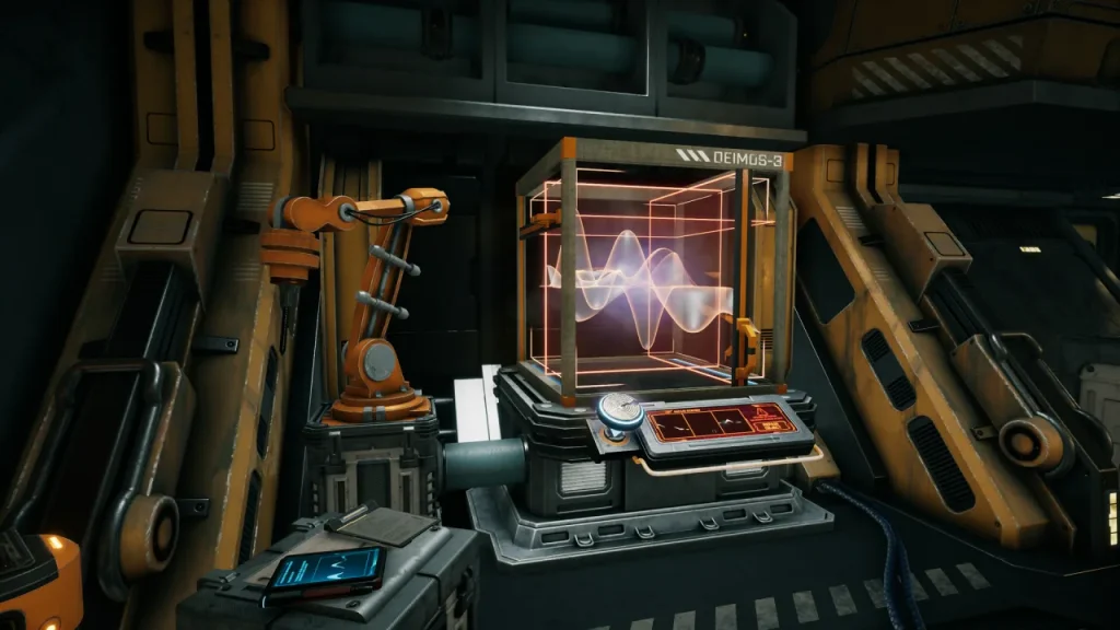 A glowing holographic waveform inside a glass cube in a sci-fi lab room of Escape Simulator 2