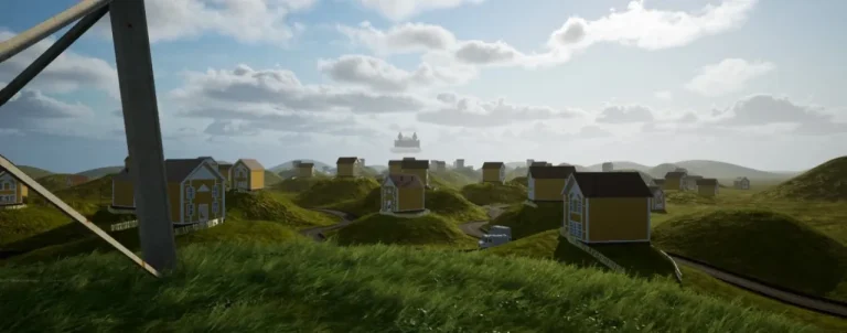The floating castle of Level 94, The Village, seen across the rooftops at dusk