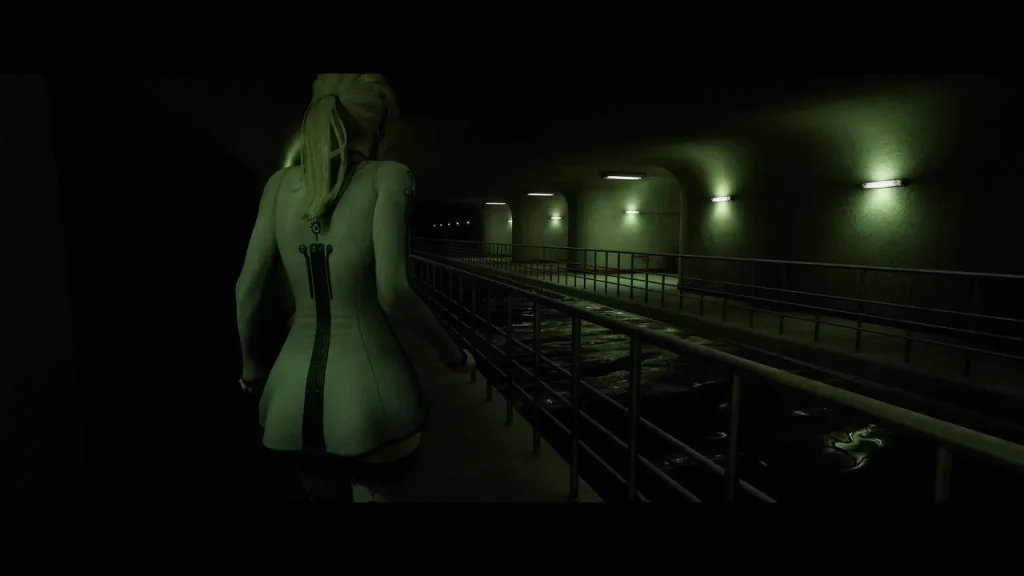 The blonde heroine of Lunar Eclipse, seen from behind, walking along a railed metal walkway above dark water-treatment tanks lit by sickly green emergency lighting
