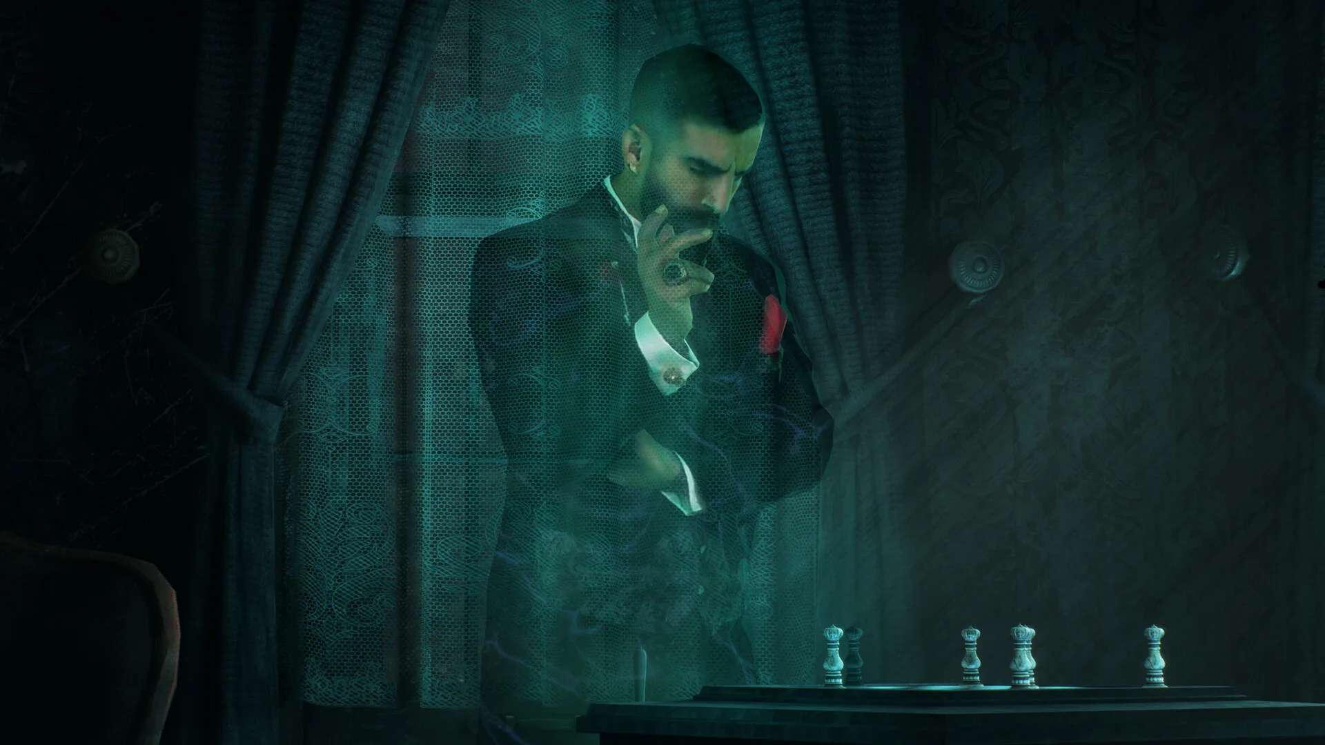 A bearded guest in a dark suit, rendered as a volumetric-video ghost, stands pensively over a small table holding four white chess bishops in The 7th Guest Remake
