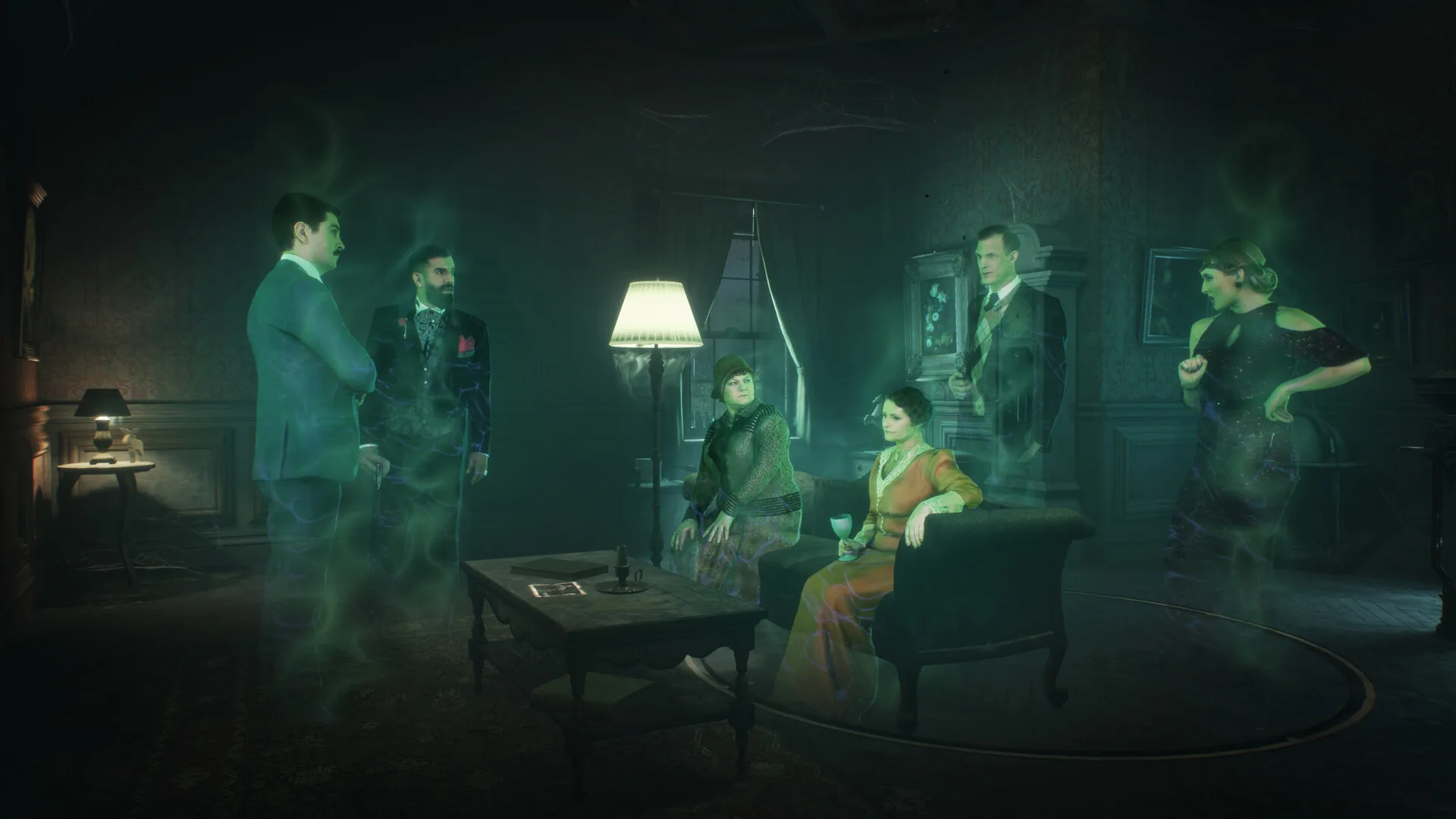 Six translucent green ghostly guests in period dress gathered around a lamp in a parlor in The 7th Guest Remake, rendered with volumetric video