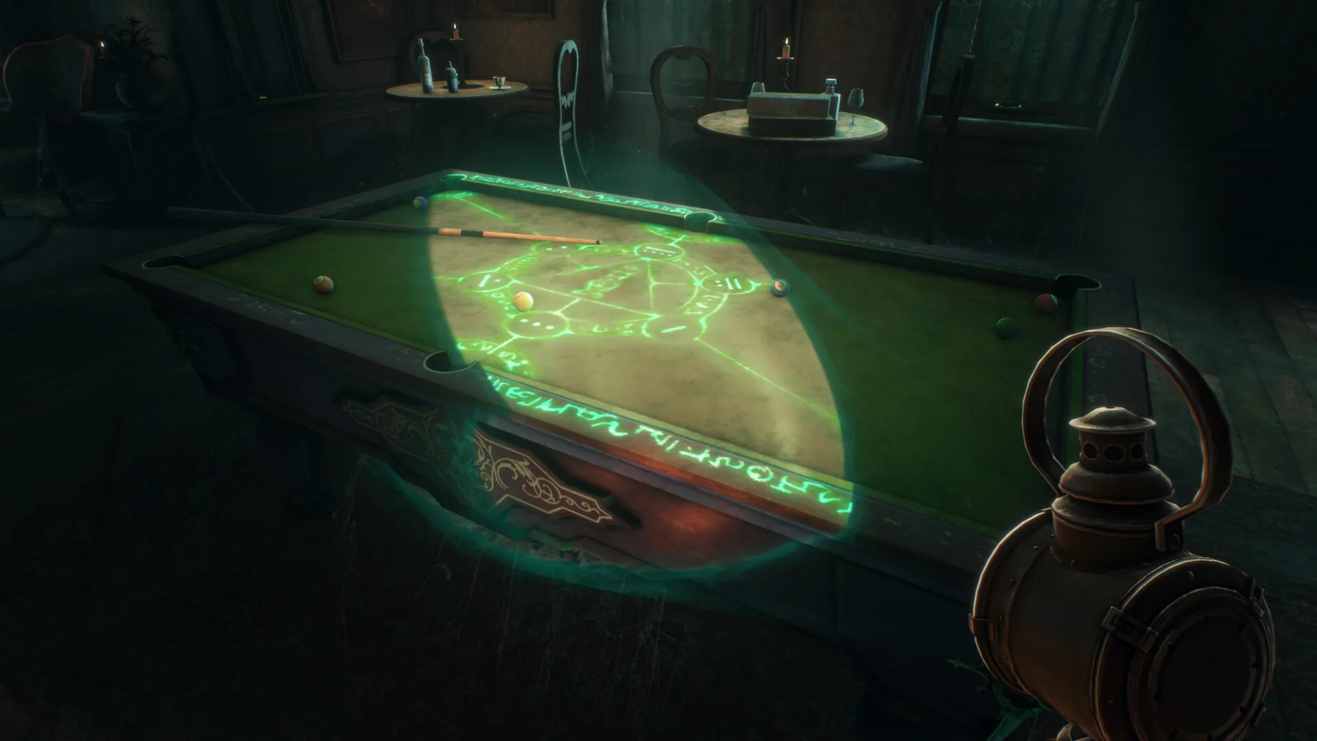 A billiard table in The 7th Guest Remake with glowing green runes and Roman numerals visible only within the beam of the held Spirit Lantern
