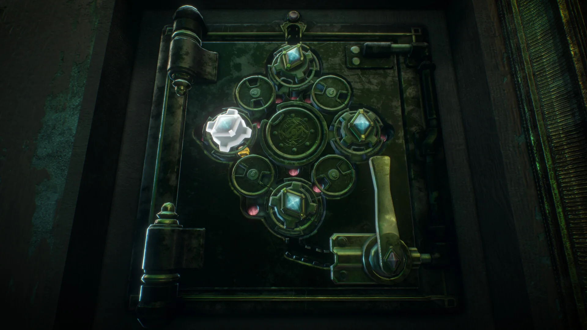 A mechanical wall safe in The 7th Guest Remake: a cross arrangement of rotating brass dials set with blue gems and a white piece, with a crank lever