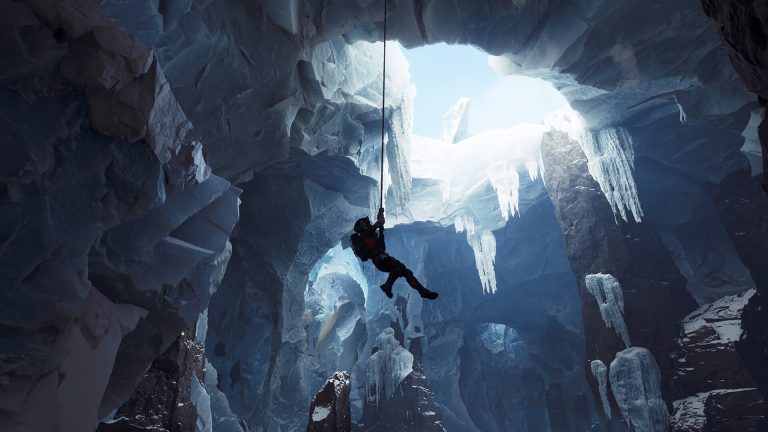 Astronaut swinging from a winch line inside an ice cavern in APHELION