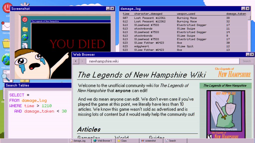 A Database Detective case with the Legends of New Hampshire wiki, damage log, clues, and SQL search windows open
