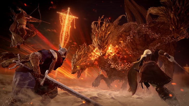 Three Nightfarers attacking Gladius during an Elden Ring Nightreign expedition