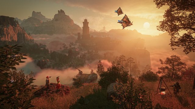 Flameborn looking across Embervale toward Ancient Spires at sunset
