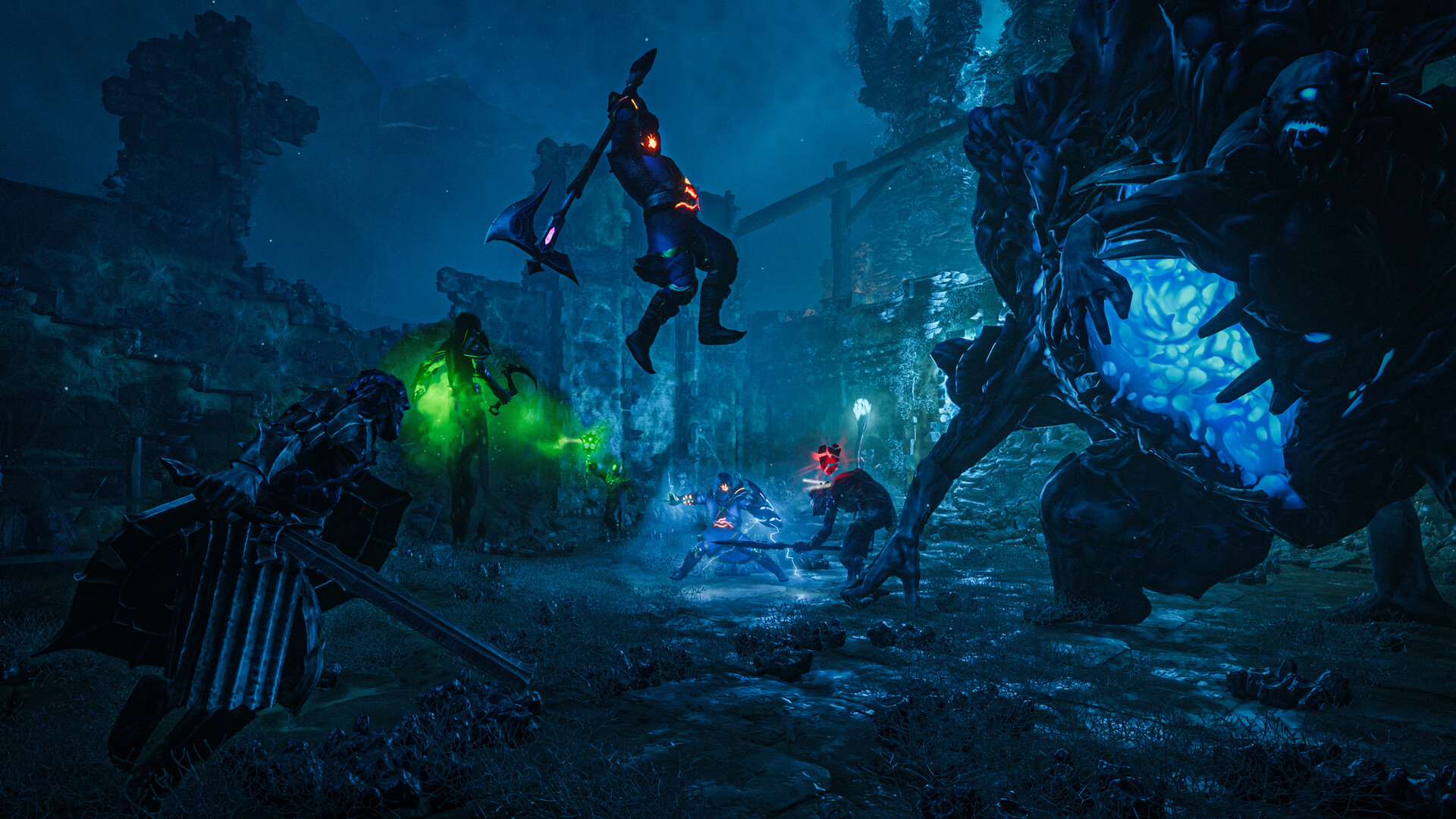 A Flameborn party fighting Fell creatures inside the Shroud