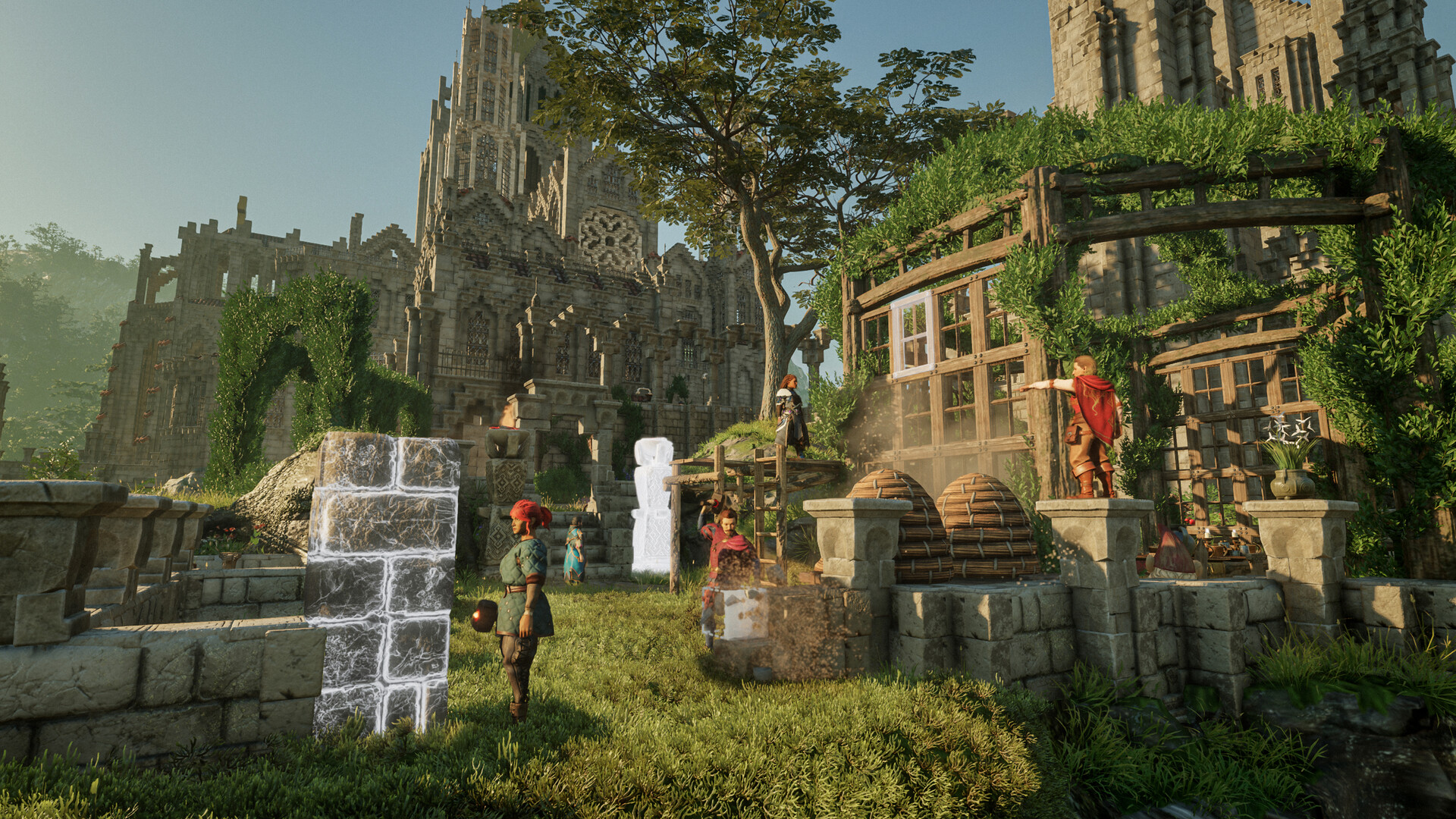 Several Enshrouded Survivors working inside a large Flameborn settlement