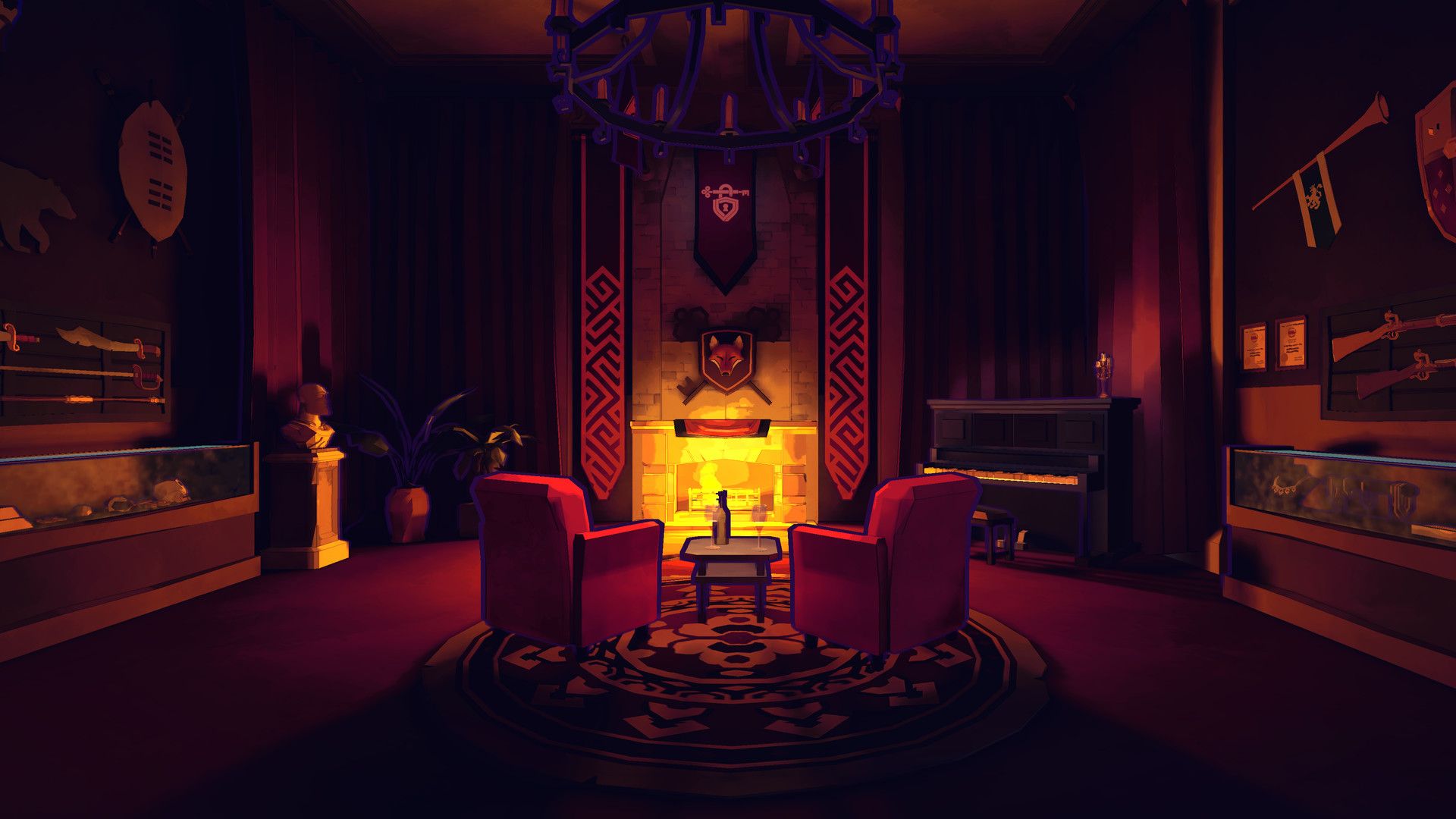 Official Escape Academy screenshot showing puzzle machinery and neon room lighting