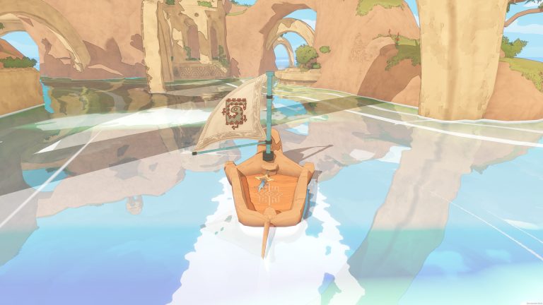The gecko sailing a small boat through the Gecko Gods archipelago