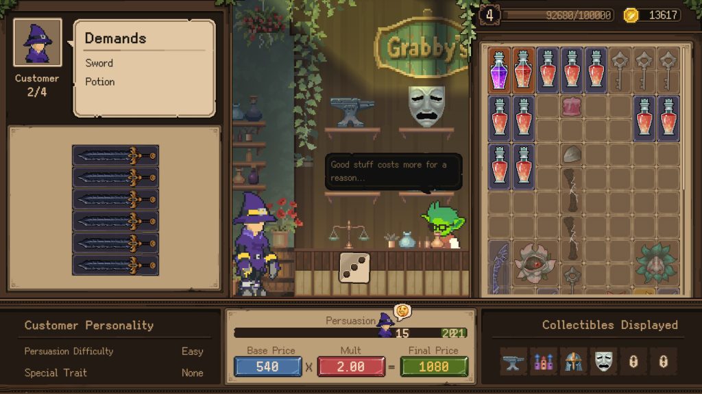 Vyke negotiates a sword and potion sale at Grabby's shop