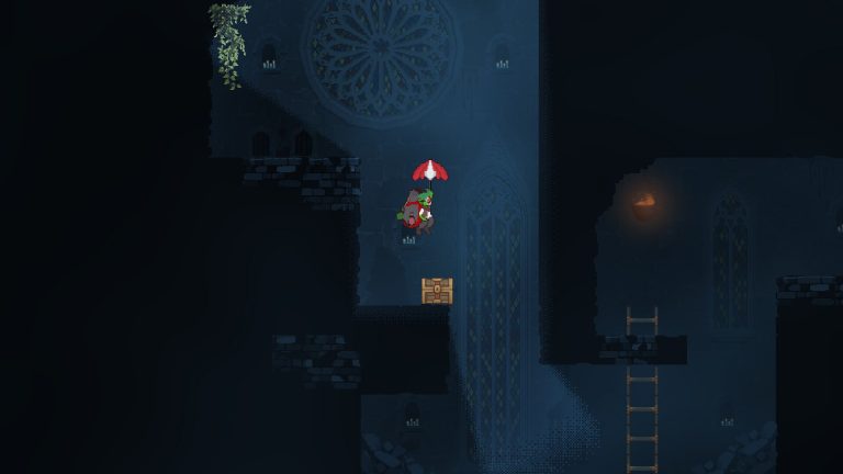 Vyke descends through the Cathedral with a parachute in Goblin Vyke