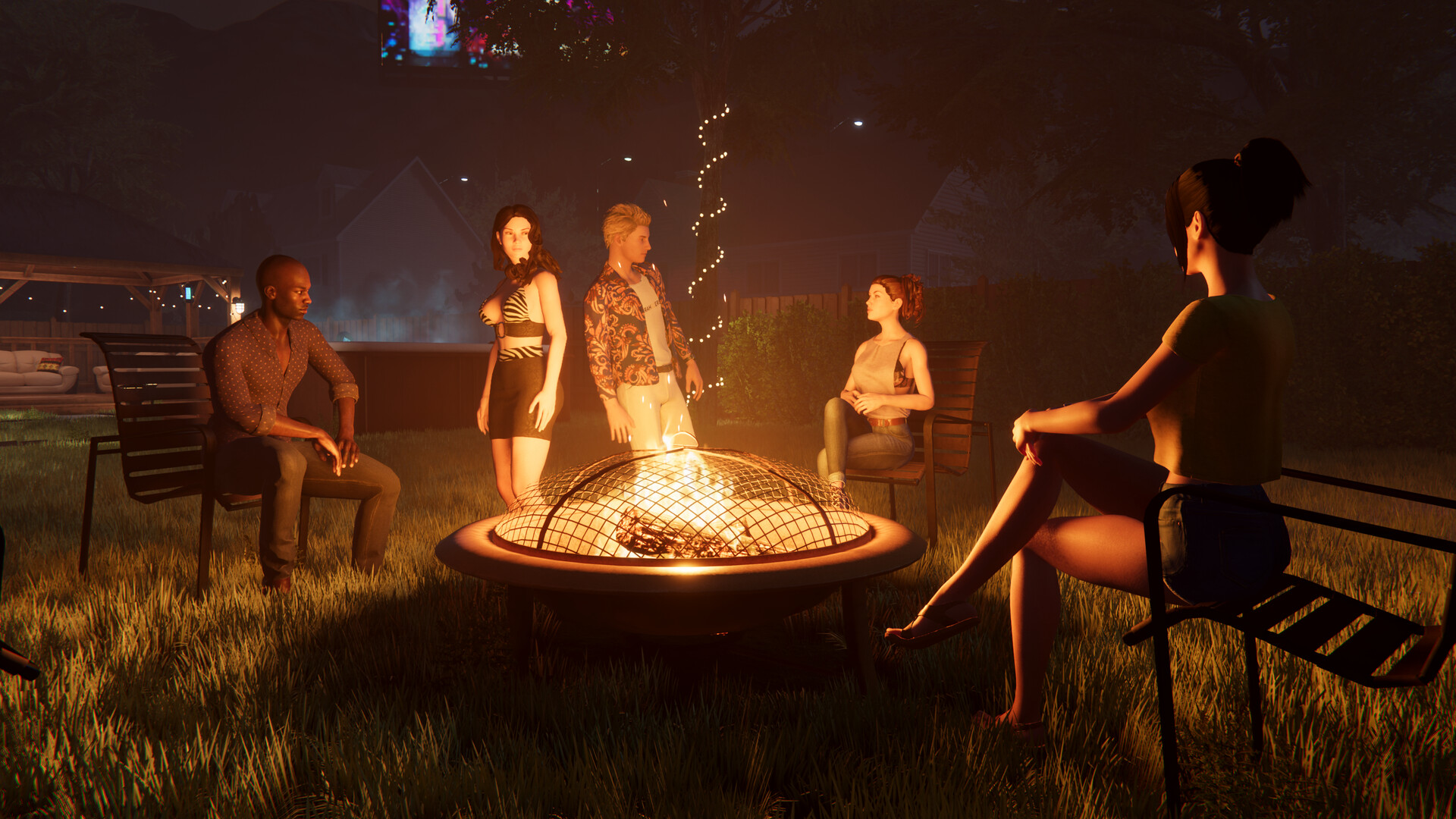 Official Steam screenshot of guests gathered around the backyard fire pit in House Party