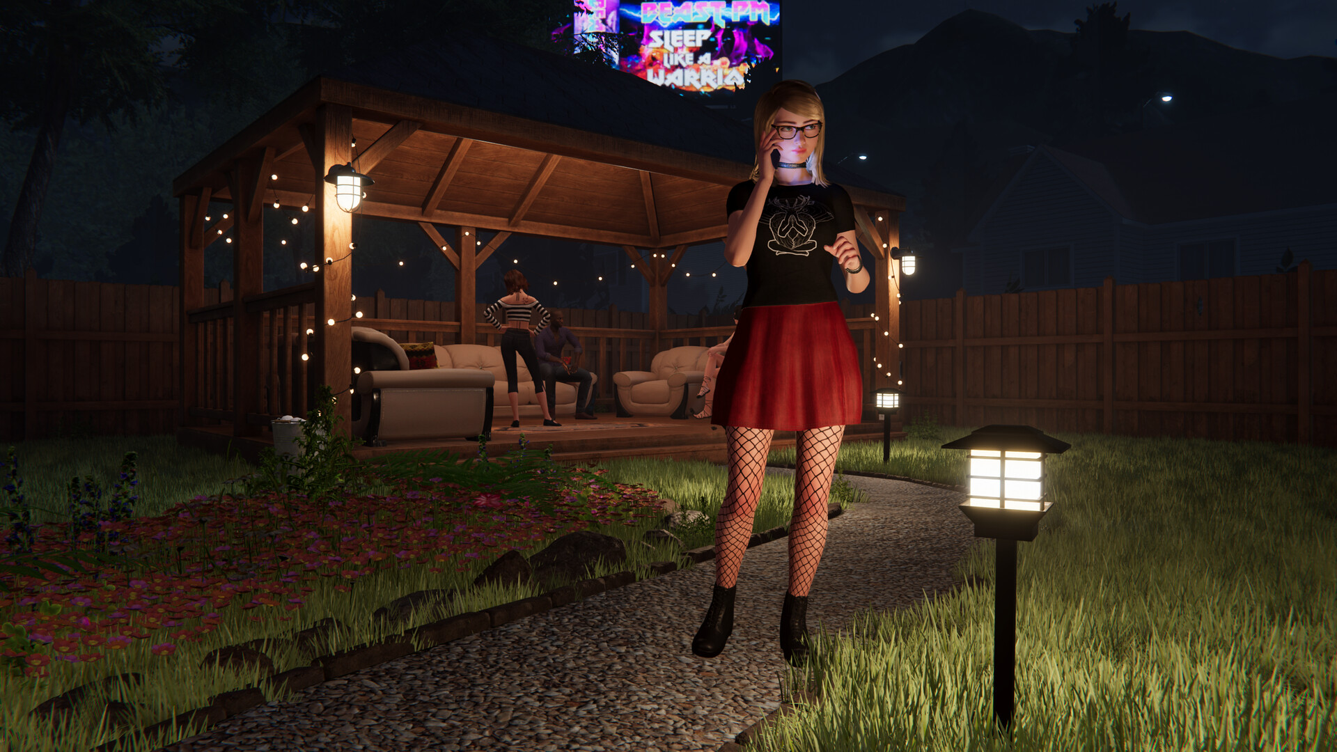 Official Steam screenshot of a House Party guest standing on the backyard path