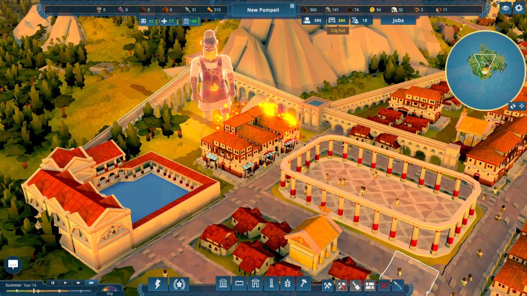 A threatened Nova Roma district with a god manifestation and burning buildings