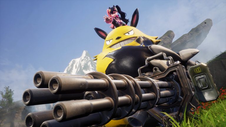 Zoe riding Grizzbolt above its minigun in Palworld