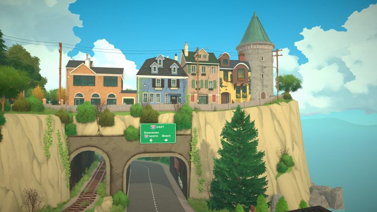 Official Paralives screenshot of varied houses and a curved tower above the Melino rail line
