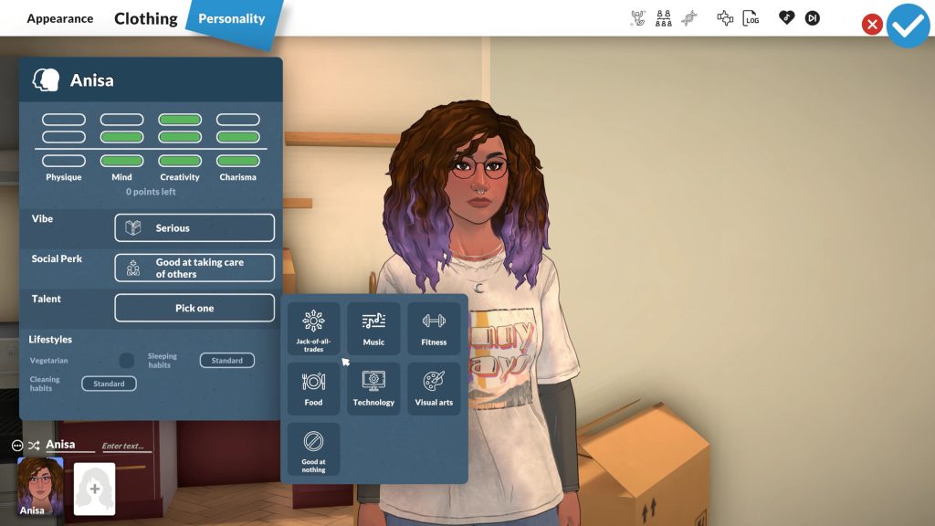 Official Paralives screenshot of the Paramaker personality screen for Anisa
