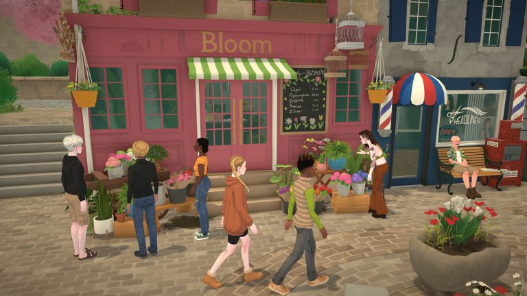 Official Paralives screenshot of Parafolk outside the Bloom flower shop and Headlines barbershop in Melino