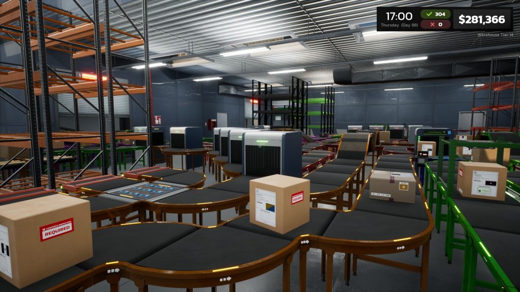 A fully expanded Parcel Simulator warehouse filled with scanners, conveyors, and sorted parcels