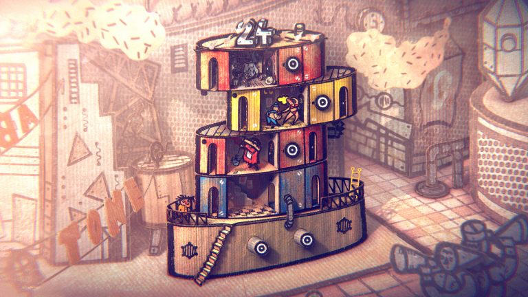 Felix beside the moving apartment building in Phonopolis