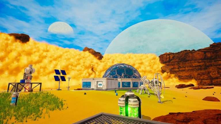 A compact Planet Crafter base on high ground beside terraforming machines