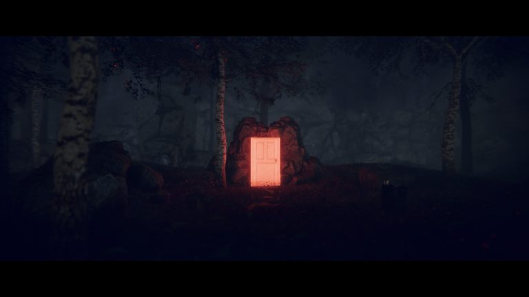 A red door glowing in the dark forest in Project Songbird