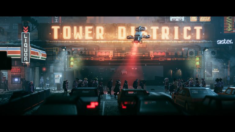 The neon Tower District and its street crowd in REPLACED