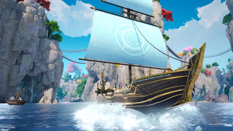 The Seven Deadly Sins Origin party sailing a magic ship between Britannia cliffs
