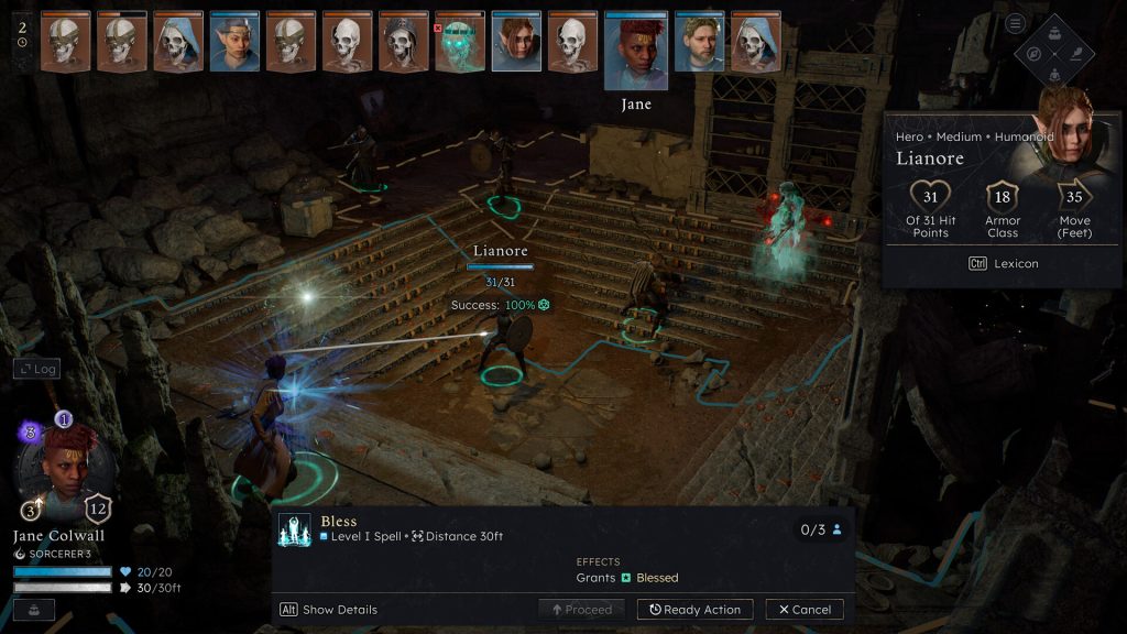 A four-character party fighting a monster in Solasta II