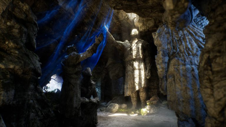 Adventurers exploring the blue-lit ruins of Neokos in Solasta II