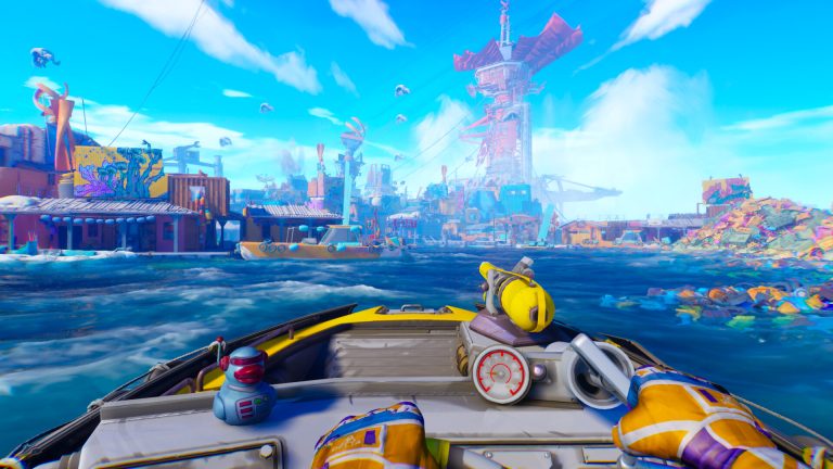 A Tidewalker approaches a floating settlement by boat in Tides of Tomorrow