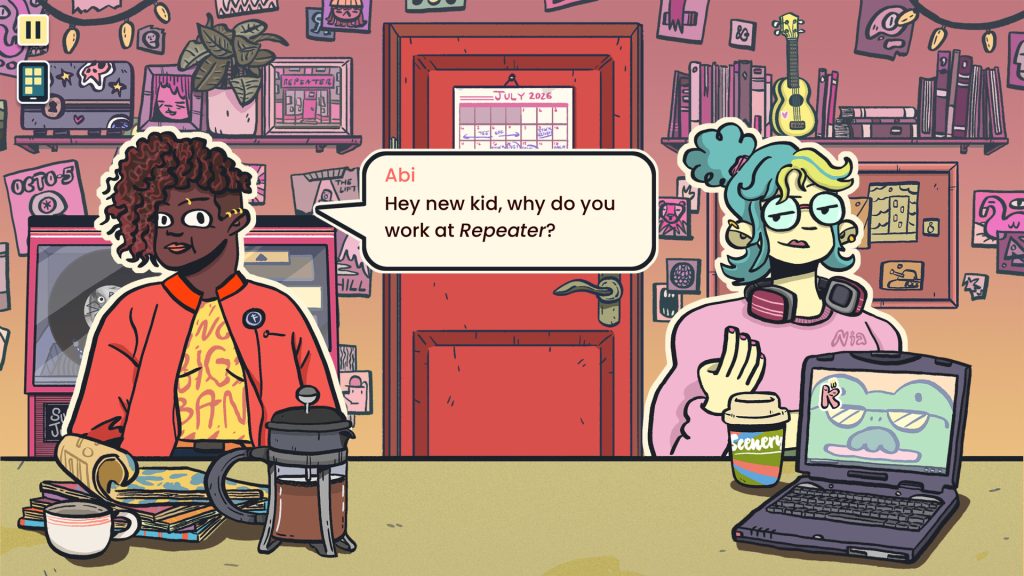 Abi talks with the new Repeater Records employee beside the staff-room laptop in Wax Heads
