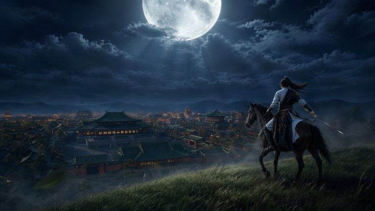 Official Where Winds Meet screenshot showing a wuxia character overlooking an ancient Chinese landscape