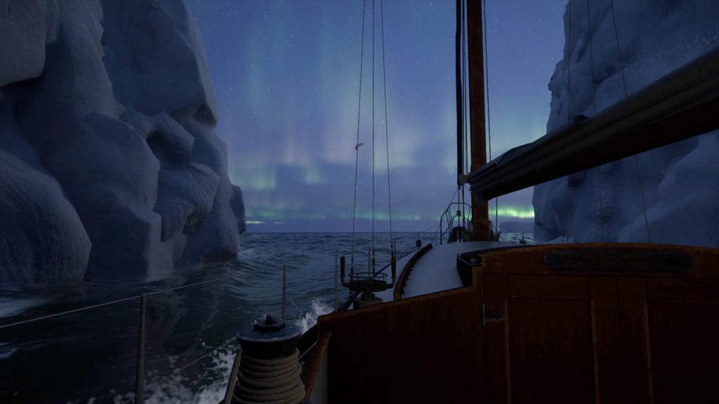 Molly sailing between icebergs under the aurora in WILL: Follow the Light