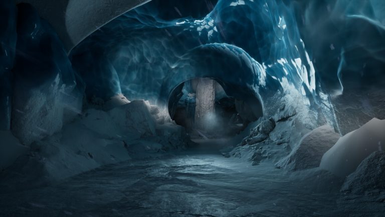 Blue ice cave on the snowy route in WILL: Follow the Light