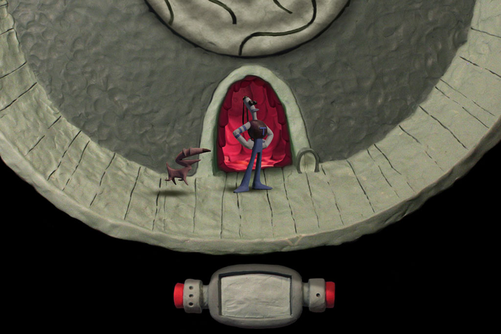 Tommynaut and Beak-Beak inside an Armikrog tower