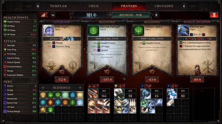 Arms of God Prayers screen with five weapon builds and upgrade cards