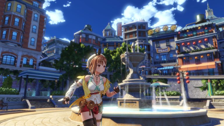 Ryza running through the central fountain plaza of Ashra-am Baird in Atelier Ryza 2