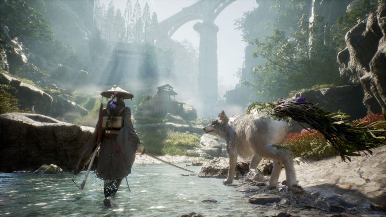 Emma and Koo crossing a river beneath overgrown ruins in Beast of Reincarnation