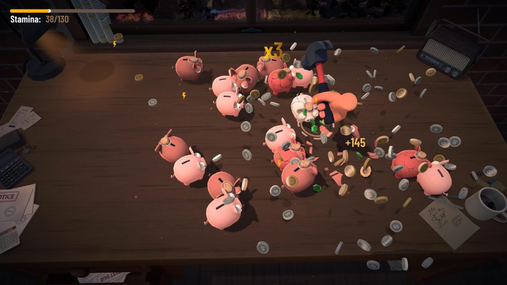 Bills Must Be Paid hammer destroying three piggy banks in one crowded swing