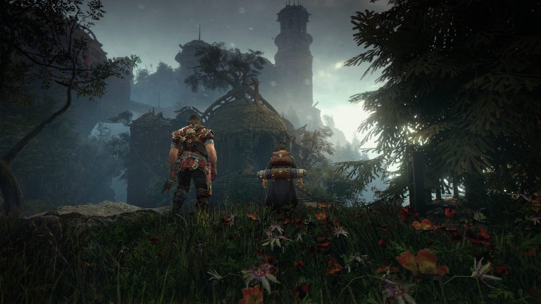 Aran and Adso looking toward a ruined settlement in Blades of Fire