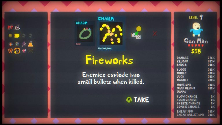 Blood Dungeon upgrade screen showing Gun Man, Fireworks, charms, and current run stats