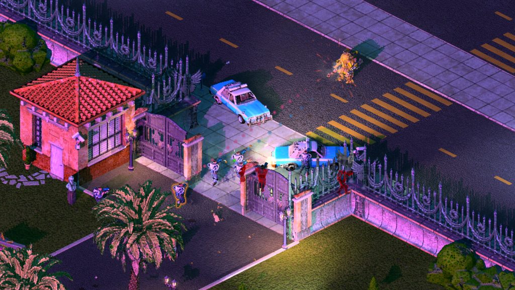 A Brigador Killers operative approaching a guarded estate in an armed car
