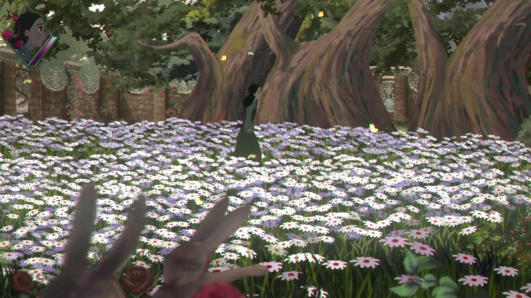 Lana walking through a bright flower garden in Bye Sweet Carole