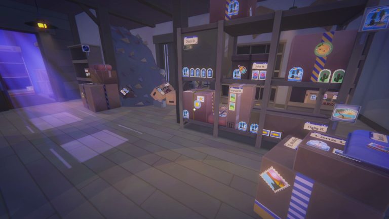 A Cat Mail Co. night mailroom with labeled parcels and a moonlit doorway