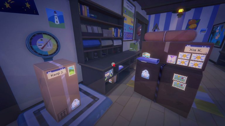 Cat Mail Co. parcels beside the scale, weight chart, and stamp shelves