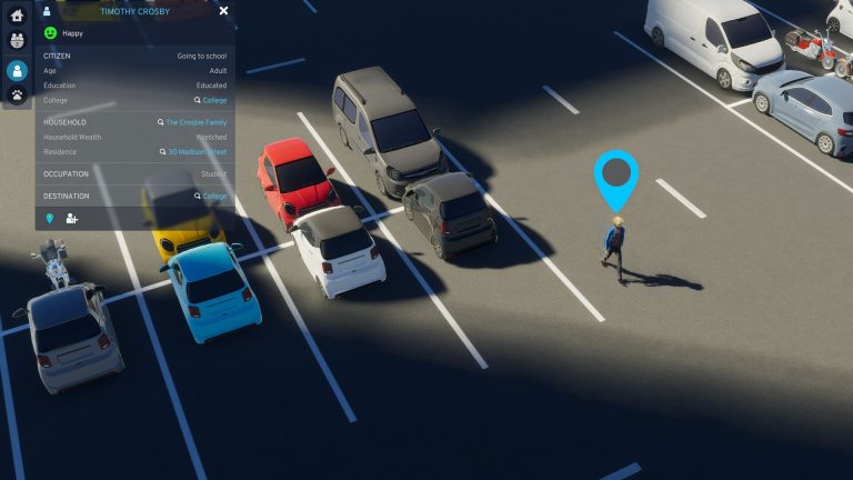 Cities Skylines II citizen panel showing an adult traveling to college beside a parking area
