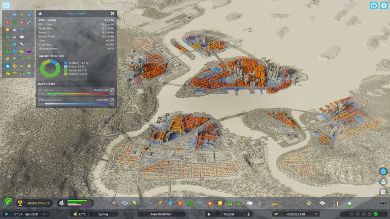 Cities Skylines II population overlay showing neighborhoods with different ages and densities